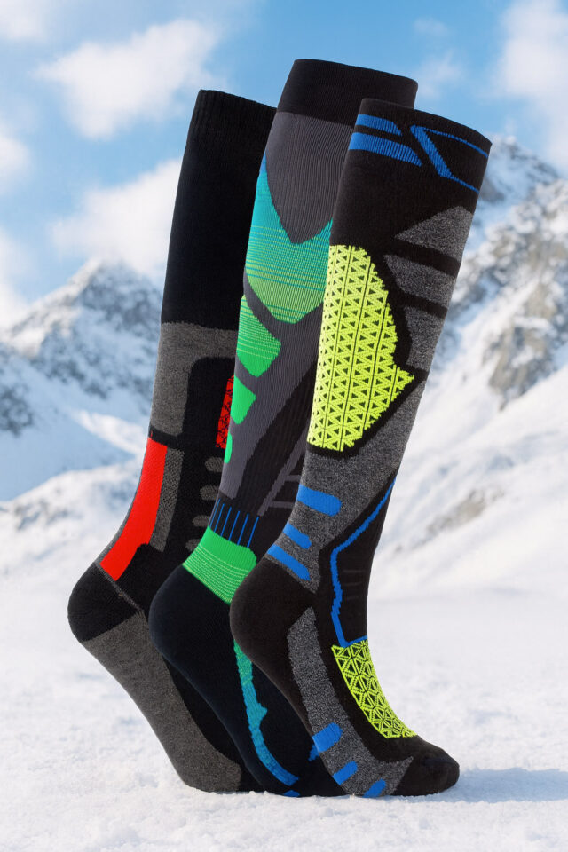 Calze tecniche Beneduci per sport invernali con sfondo di montagne innevate.