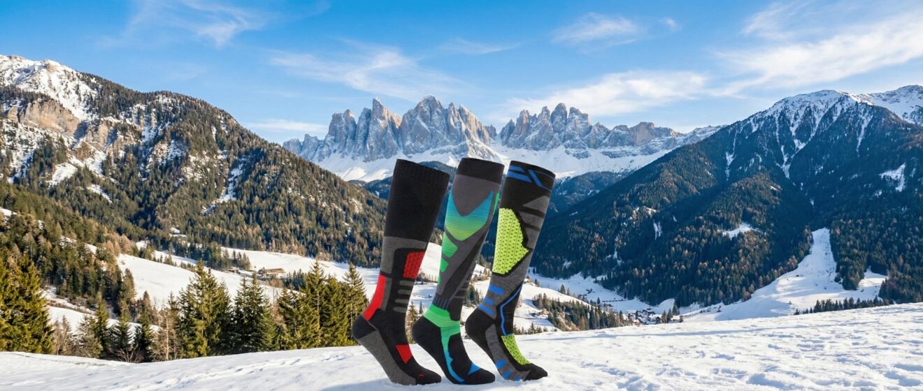 Calze tecniche Beneduci per sport invernali con sfondo di montagne innevate.